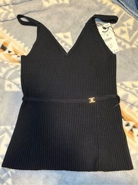 Zara Navy Ribbed V-Neck Knit Tank
